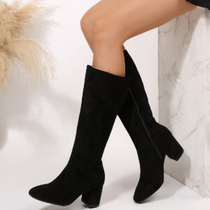 Wide Pointed Toe Chunky Heel Below The Knee Long Boots
