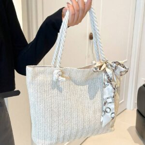 Women's New Style Woven Large Capacity Bag Women's Fashionable Straw Simple Silk Scarf Tote Bag